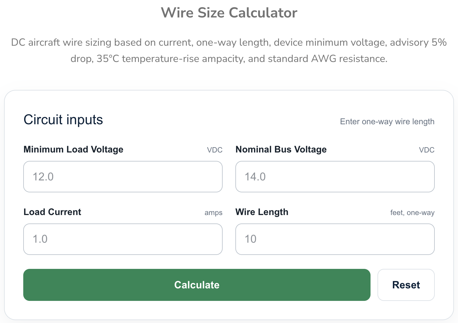 Preview of the Hangar Flying Wire Size Calculator